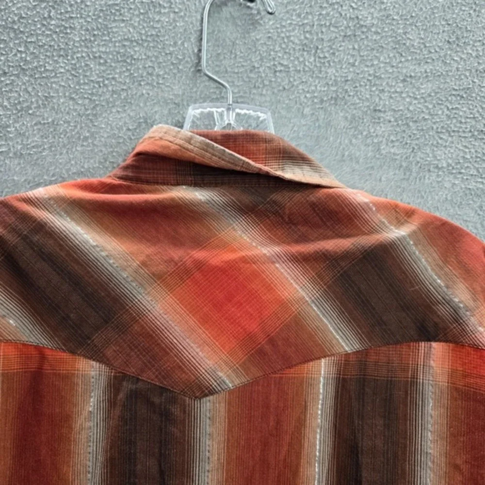 Wrangler‎ Rustler Men Button Up Shirt XL Orange Plaid Western Pearl Snap